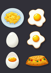 A collection of six cartoon illustrations of various egg dishes and preparations