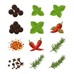 A grid displaying illustrations of black peppercorns basil chili peppers crushed red pepper cloves and rosemary