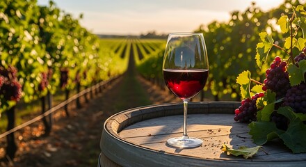 Red wine with vineyard sunset.