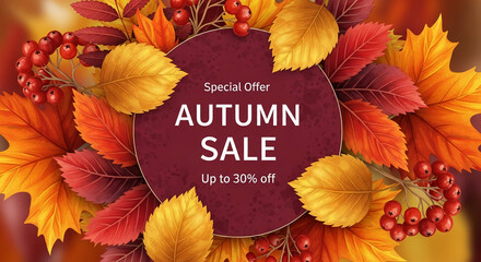 Autumn sale banner with red, orange, yellow leaves and berries surrounding a maroon circle with text "Autumn Sale Up to 30% off", showcasing fall season discounts