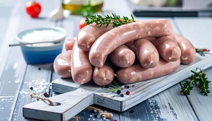 Sausages piled on a wooden board with herbs, salt, oil, and tomato