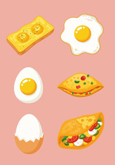 Assortment of cartoon egg dishes and whole eggs on a pink background
