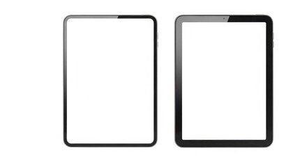 Two modern tablets with blank screens, isolated on transparent background