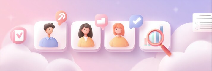 Illustration of Diverse Characters Engaging With Digital Communication Tools and Analytics in a Colorful, Cloud-Themed Environment