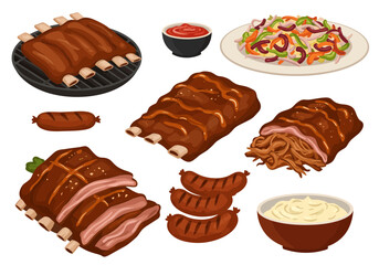 Assortment of BBQ meats coleslaw sauce and mashed potatoes on a white background