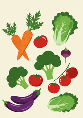 Assortment of colorful stylized vegetables on a light background