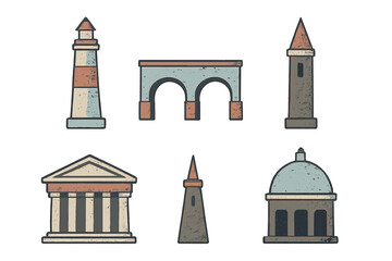 Obraz premium Architectural landmarks and historical building elements including lighthouse, dome, and classical facade