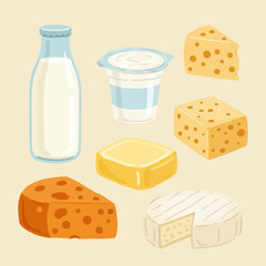 Assortment of dairy products including milk yogurt and various cheeses