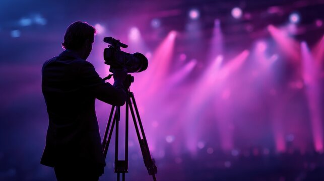 A man filming a concert with a camera on a tripod in a dimly lit stage with colorful lights.