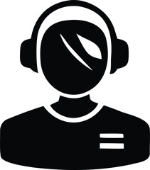 Simple black silhouette icon of a person wearing headphones and a collar shirt ready for service and communication