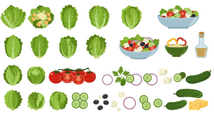 Assortment of fresh lettuce tomatoes cucumbers cheese olives and salad bowls