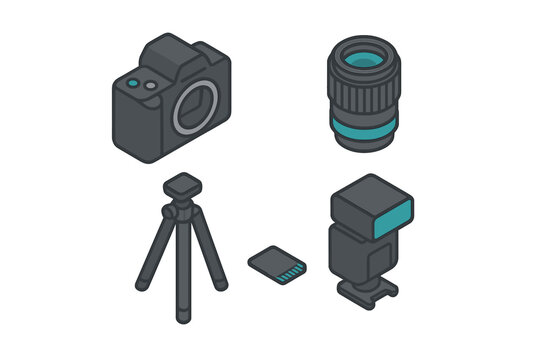 Isometric photography equipment set featuring a digital camera, interchangeable lens, sturdy tripod, external flash, and memory card