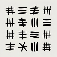 A grid of sixteen black abstract symbols on a white background arranged in a square formation pattern