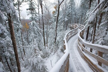 Snow-covered walkway winding through a forest in winter, showcasing serene nature and quiet beauty