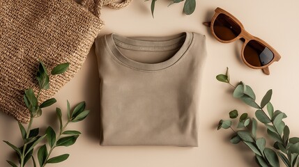 A minimalist flat lay composition featuring a folded beige t-shirt topped with brown sunglasses, accompanied by a woven string bag and a green olive branch on a neutral peach background.