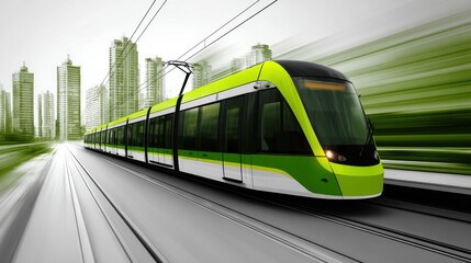 Naklejka premium A green and white electric train traveling through a cityscape with green buildings.