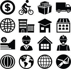 Collection of business and finance icons including money dollar sign truck house building engineer globe and factory symbols for web and print