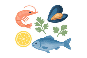 Fototapeta premium Delicious fresh seafood assortment with shrimp, mussel, fish, lemon slice, and parsley sprigs for culinary designs and menus