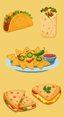 Assortment of Mexican food items on a plain yellow background