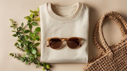 A minimalist flat lay composition featuring a folded beige t-shirt topped with brown sunglasses, accompanied by a woven string bag and a green olive branch on a neutral peach background.
