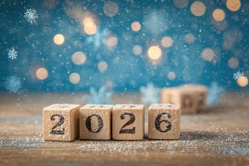 Celebration of New Year 2026 with snowflakes and festive lights in a cozy setting