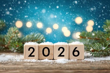 New Year celebration with wooden blocks showing 2026 surrounded by snow and festive bokeh lights