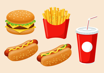 Cartoon illustration of a hamburger two hot dogs french fries and a soda cup