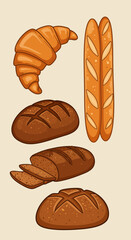 Cartoon illustration of assorted baked goods croissant baguettes and rye loaves