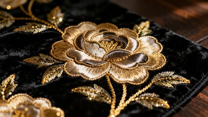 An intricately embroidered golden peony flower adorns a luxurious black velvet fabric, showcasing detailed craftsmanship and elegant design.