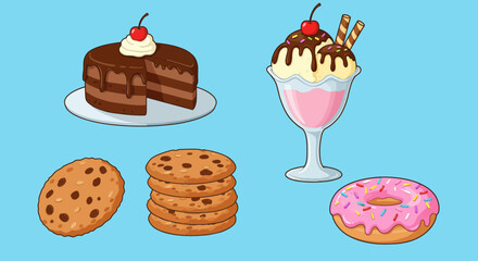 Cartoon illustrations of chocolate cake ice cream sundae cookies and a donut