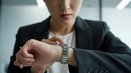 Businesswoman checking time on her wristwatch with focused expression - Powered by Adobe