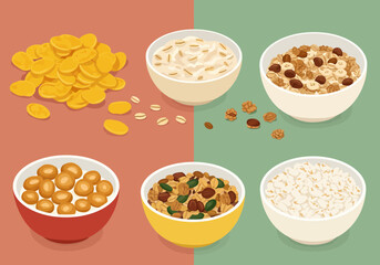 Five bowls of breakfast cereal and loose flakes on a divided background
