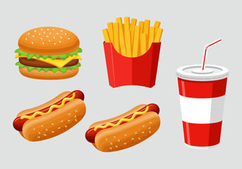 Five fast food items burger fries two hot dogs and a soda cup