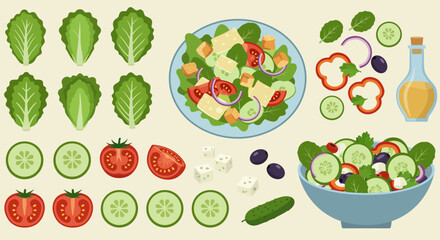 Flat graphic illustration of various salad ingredients and assembled salads