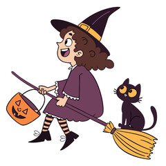 Cute Witch Girl Flying on Broom with Black Cat