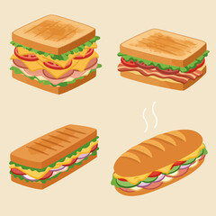 Four isometric illustrations of toasted and fresh sandwiches on a light background