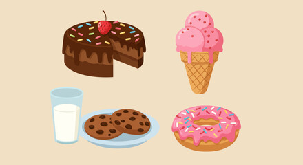 Four sweet treats cake ice cream cone cookies with milk and a frosted donut