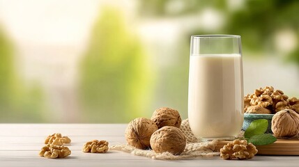 A glass of milk accompanied by scattered walnuts on a rustic wooden surface, set against a soft, blurred green background.