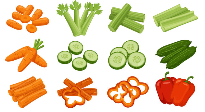 Four rows of vegetable preparations carrots celery cucumbers and peppers