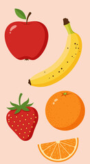 Illustration of a red apple banana strawberry whole orange and orange slice