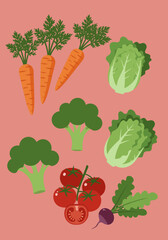 Illustration of assorted fresh vegetables on a pink background