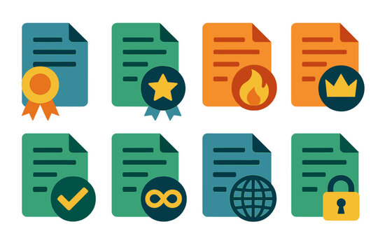Certificate flat icon set. featuring certificate, award, star, fire, crown, check, infinity, globe, lock symbols