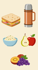 Isometric illustration of a packed lunch with a sandwich thermos salad and assorted fruit