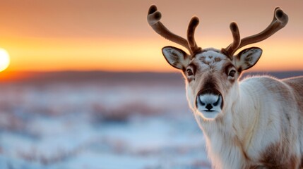 Obraz premium Reindeer watching camera during winter sunset in lapland