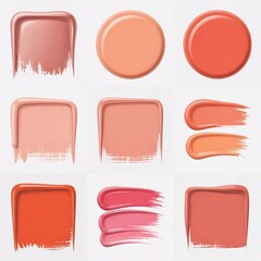 A collection of cosmetic swatches in various shapes and shades of pink and orange on a white background