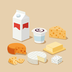 Isometric illustration of various dairy products against a beige background