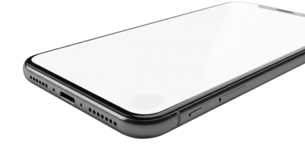 Sleek, state-of-the-art smartphone, blank white screen with subtle fingerprint, brushed aluminum frame meets obsidian glass back, isolated on transparent background, soft shadow, concept of