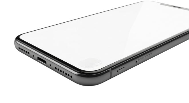 Sleek, state-of-the-art smartphone, blank white screen with subtle fingerprint, brushed aluminum frame meets obsidian glass back, isolated on transparent background, soft shadow, concept of