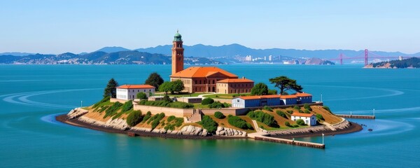 Former federal prison on a remote island in San Francisco Bay, offering stunning city views and a glimpse into infamous history, rocky, island, ruins