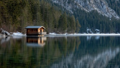 Obraz premium A tranquil wooden cabin sits serenely on a frozen lake, reflecting the surrounding pines and mountains in a still, winter scene.